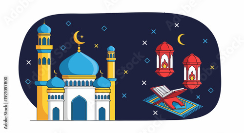 Islamic Mosque with Quran Night Scene