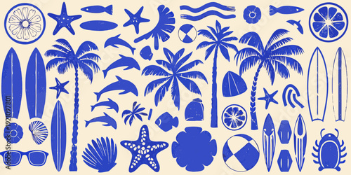 Blue and white illustration of tropical summer elements and ocean life