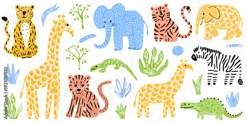 Colorful cartoon illustration featuring various african animals and tropical plants