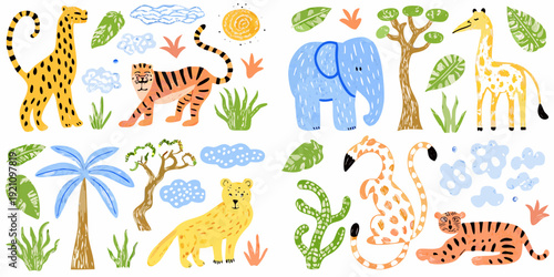 Colorful childlike drawing of various african animals and tropical plants