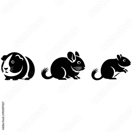 Guinea Pig Chinchilla and Hamster Silhouette - Small Pet Rodent Trio Woodcut Vector Art