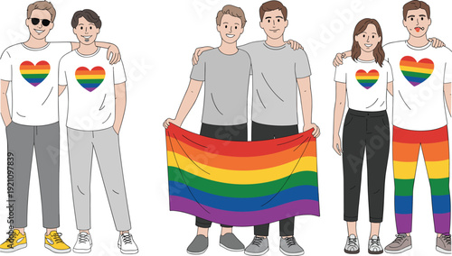 Cheerful illustration set of diverse couples celebrating pride month with rainbow heart shirts and carrying an LGBTQ flag for equality inclusion and community branding