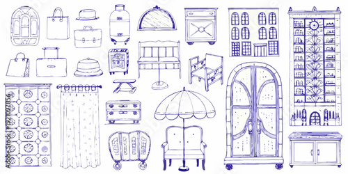 Vintage furniture and objects collection in a hand drawn blue toned style