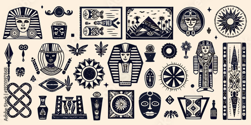 An assortment of ancient egyptian artifacts and symbolic illustrations