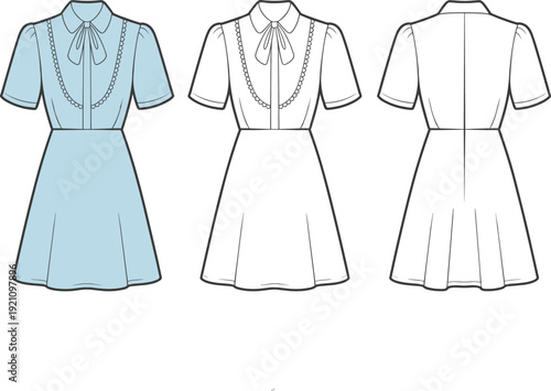Blue and white vector fashion technical sketch of a short sleeve dress with bow collar and ruffle detail for apparel design and clothing manufacturing