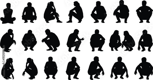 Black silhouettes of people sitting and crouching in various poses including men and women isolated on a white background vector