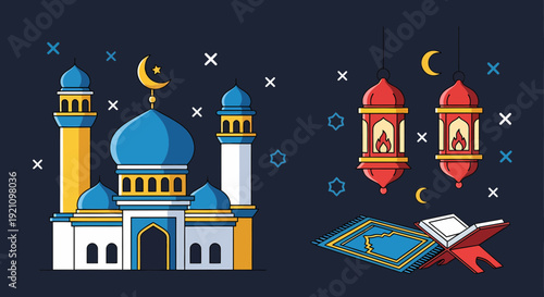 Islamic Night Scene with Mosque and Holy Book
