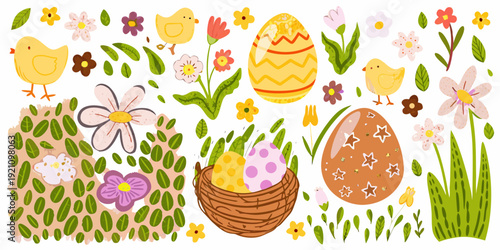 Colorful easter illustration featuring chicks eggs flowers and spring foliage