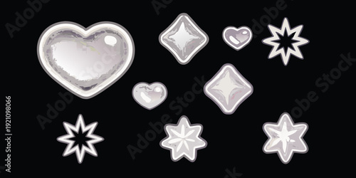 Assorted pastel colored heart and star shaped icons on black background