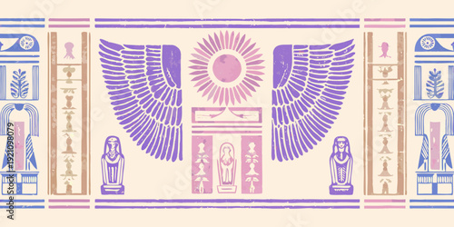 Ancient egyptian motifs featuring wings pillars and central oval design