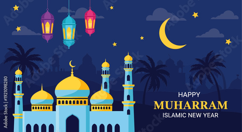 Islamic New Year Greeting with Mosque and Lanterns