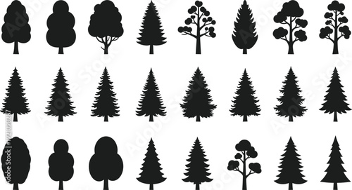 Set of tree silhouettes, deciduous and evergreen vector collection isolated on white background for forest nature design clipart