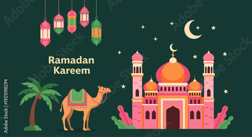 Vibrant Mosque Scene with Camels and Lanterns