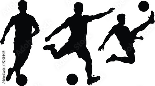 Soccer player silhouette action poses, football kicking dribbling jumping, athlete sport movement, isolated vector illustration, dynamic training concept