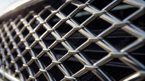 Close-up of a shiny, metallic car grille with a geometric mesh pattern reflecting light.