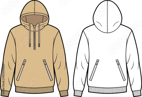 Front and Back View Hoodie Mockup Template with Zipper Pockets and Drawstring Hood, Blank Sweatshirt Apparel Design Flat Technical Illustration for Fashion Branding Presentation