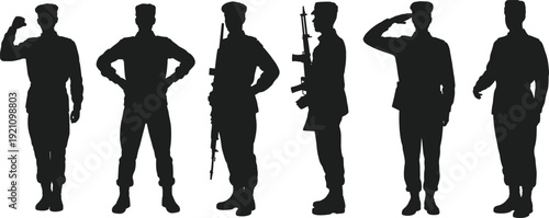 Collection of Military Soldier Silhouettes in Various Poses Including Saluting Standing and Holding Rifles Isolated on White Background for Army and Veteran Designs