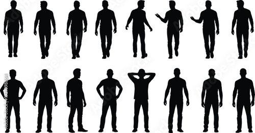 Collection of male silhouettes in casual clothing walking standing and gesturing isolated on white background for architectural visualization and design