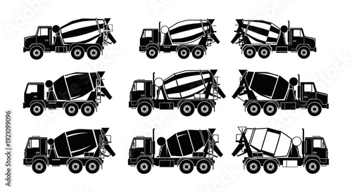 black and white concrete mixer icons depicting industrial cement trucks and construction vehicles for engineering logistics.