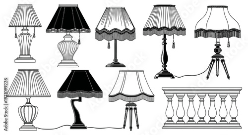 black and white line art collection of antique vintage lamps and balustrade ideal for classic interior design projects.