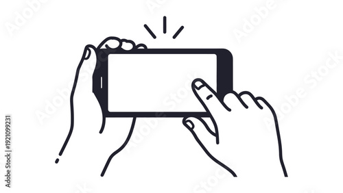 black and white illustration hands holding a smartphone horizontally finger tapping screen symbolizing mobile app ui interaction and modern technology.