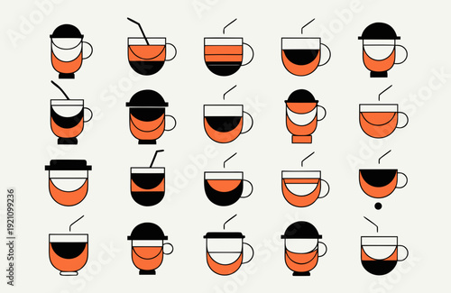 Various coffee cups with lids straws and different liquids