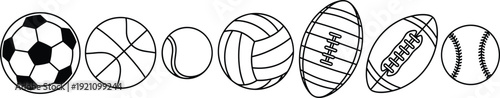 Sports balls outline vector set, soccer basketball tennis volleyball rugby baseball icons, isolated illustration for athletic design collection use