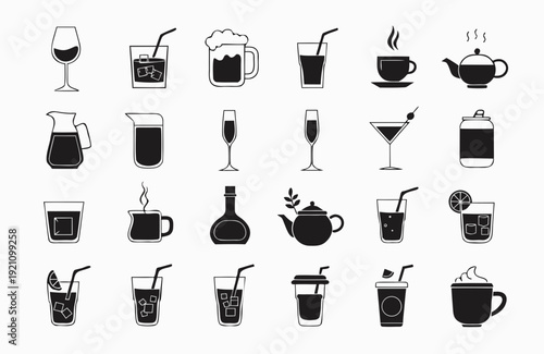 Collection of various drink icons in black and white