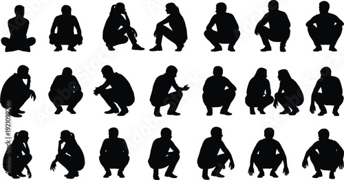 Collection of silhouettes featuring people in various sitting and crouching poses isolated on white background for lifestyle and graphic design