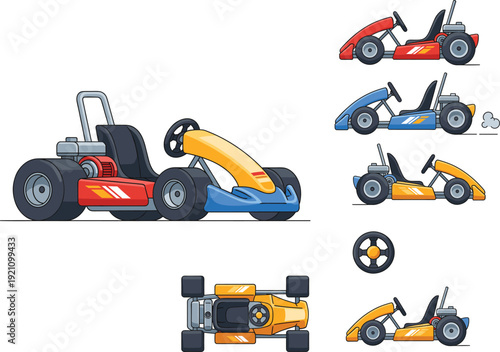 Professional Go-Kart Racing Vector Set with Multiple Colorful Karts, Top-Down Perspective, Steering Wheel, and Speed Motion Lines for Competitive Motorsports and Gaming Design