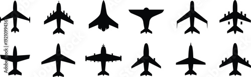 Collection of Twelve Black Airplane Silhouettes in Top View Perspective Isolated on White Background for Aviation Design Travel Marketing and Aerospace Industry Graphics