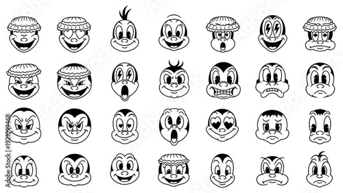 black and white vintage rubber hose cartoon faces expressing a wide range of emotions ideal for retro animation and nostalgic design.