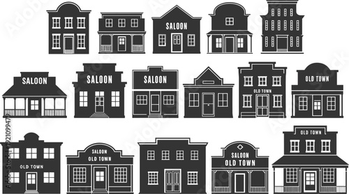 Collection of Wild West Building Silhouettes Including Saloon and Old Town Storefronts Isolated on White Background for Western Theme Graphic Design and Historical Layouts