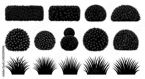 black bush and grass silhouettes for garden landscaping graphic design elements and architectural plans isolated on a white background.