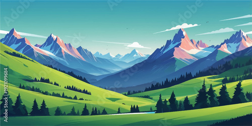 A breathtaking alpine panorama features snow-capped peaks and green summer meadows stretching across a high mountain valley in the European Alps