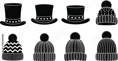 Winter hat silhouettes collection, top hat and beanie vector set isolated on white background fashion design clipart