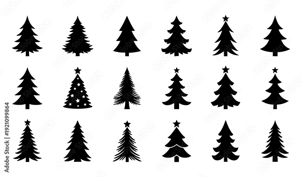 Obraz premium Black Christmas Tree Icons – Festive Winter Silhouette Vector Set