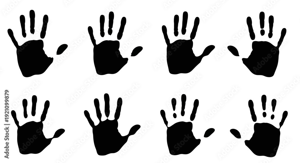 Fototapeta premium A set of black human hand silhouettes displaying various gestures, including thumbs up, thumbs down, peace signs, and more, against a clean white background.