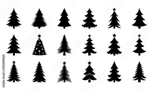 Black Christmas Tree Icons – Festive Winter Silhouette Vector Set