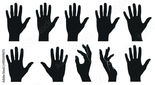 A set of black hand silhouettes in various gestures, including thumbs up, thumbs down, and peace signs, on a white background.
