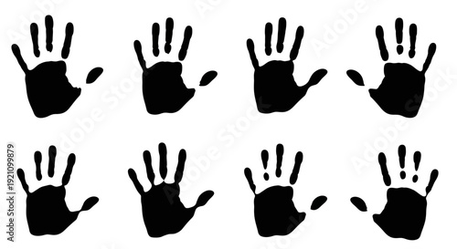 A set of black human hand silhouettes displaying various gestures, including thumbs up, thumbs down, peace signs, and more, against a clean white background.