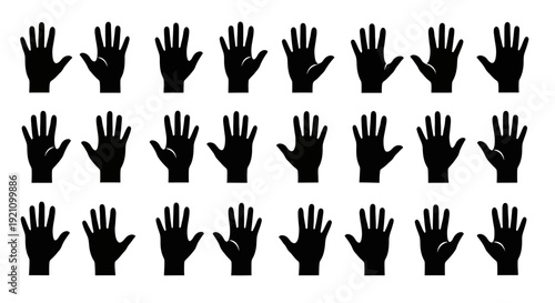 A collection of various human hand silhouettes, including open hand, closed fist, pointing, thumbs up and down, peace sign, and other hand gestures, against a clean white background in a