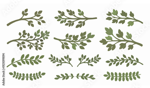  Spring Summer Tree Branch Clipart Set – Cute Flat Green Leaves Horizontal Vector Collection
