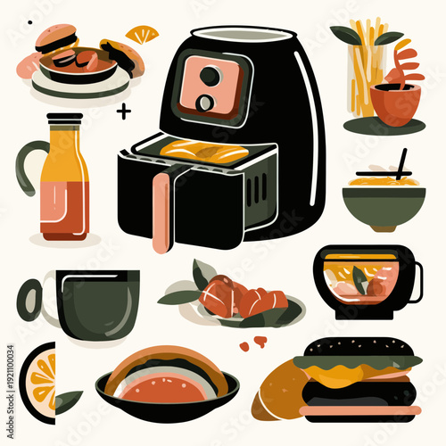 Air Fryer and Diverse Foods Vector Illustration Collection