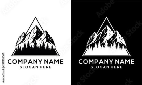 Mountain and forest logo design with a triangular frame, perfect for outdoor adventure brands.