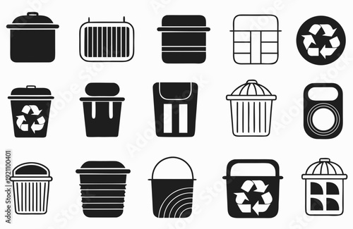 Collection of various trash can and recycling bin icons
