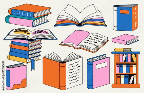 Colorful illustration of various books and a bookcase