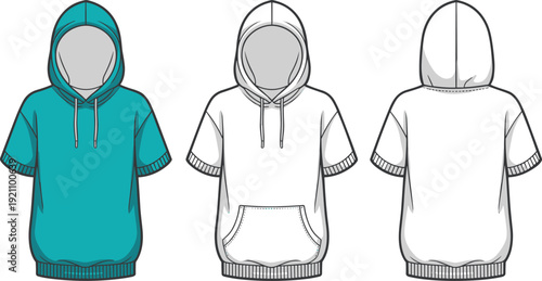 Short Sleeve Hooded Sweatshirt Mockup Set with Front and Back Views, Casual Pullover Hoodie Template Illustration for Apparel Design, Fashion Branding and Merchandising