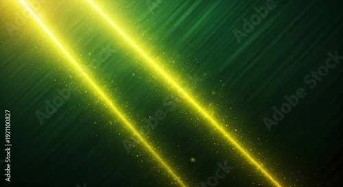 A vibrant and dramatic abstract image featuring bright yellow lines on a dark green background with sparkling particles