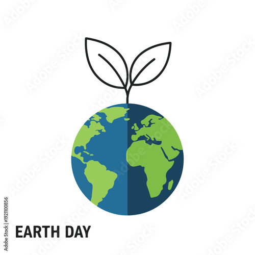 Flat design illustration of a globe with leaves on a white background for Earth Day.